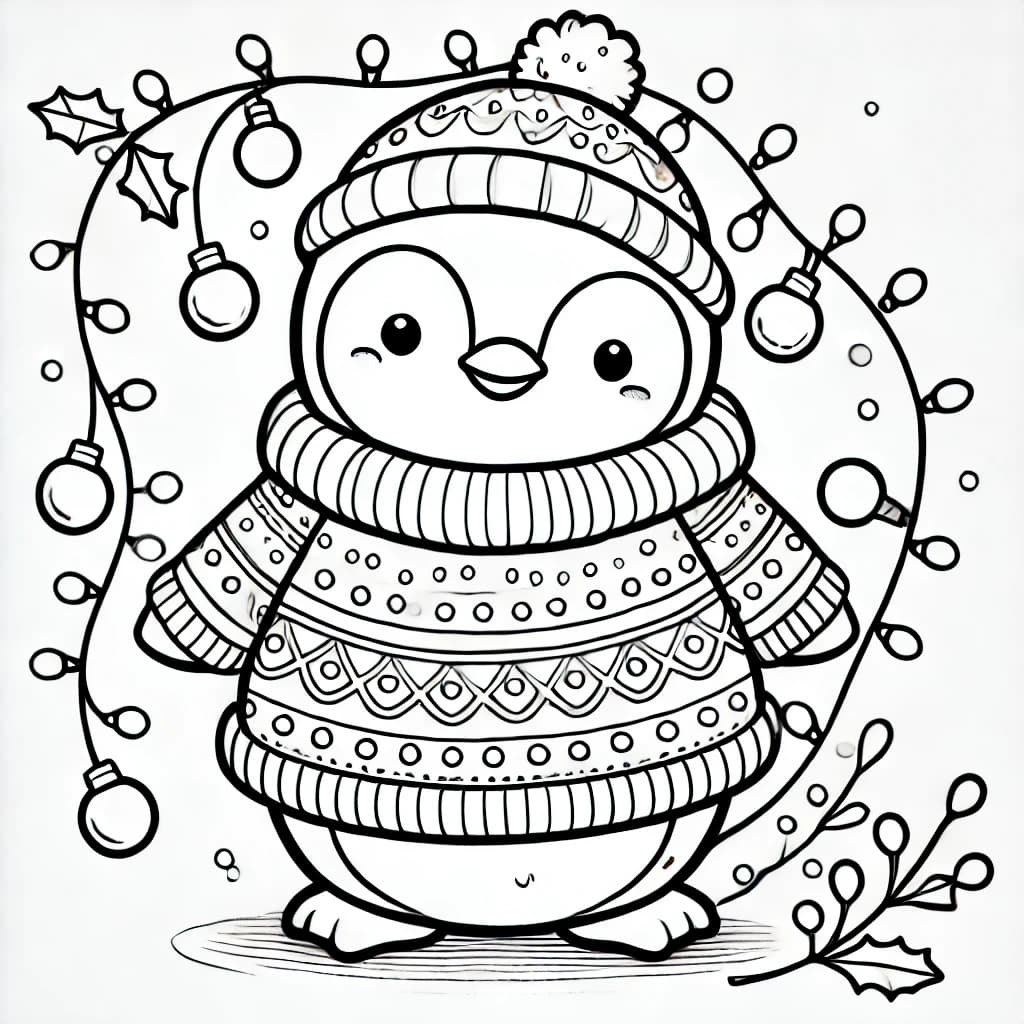 Ausmalbild - Weihnachtlicher Pinguin mit Lichterkette - Pinguin, Weihnachten, Pullover, Lichterkette