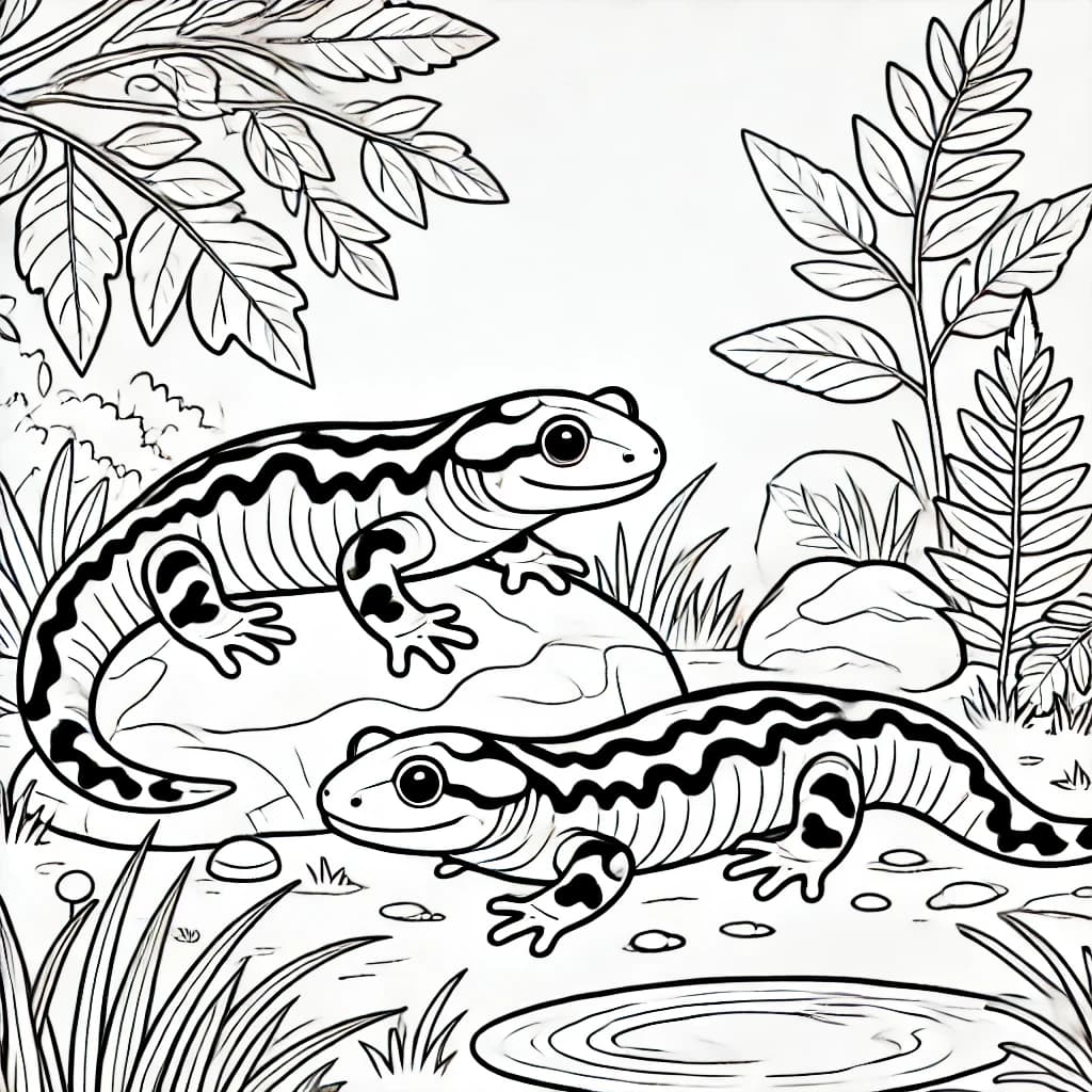 Ausmalbild - Zwei Tiger-Salamander am Teich - Tiger-Salamander, Amphibien, Natur, Teich