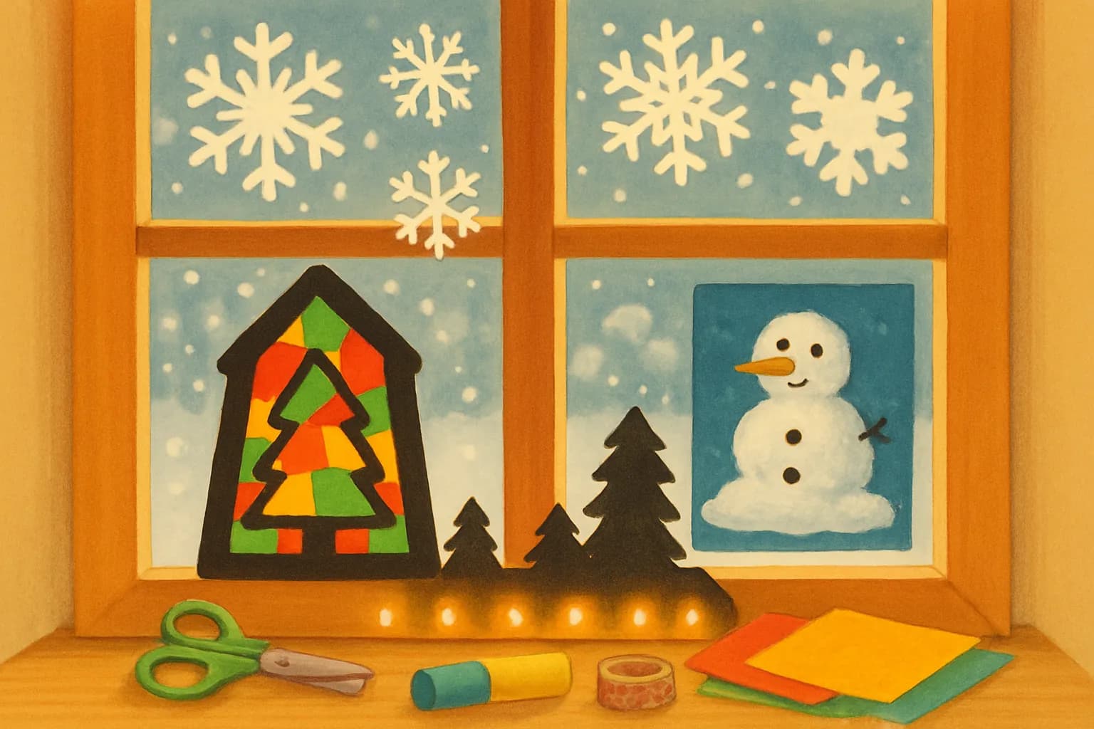 Fensterbilder für Weihnachten basteln: 5 Ideen ab 3 Jahren - Fünf Fensterbilder ab 3 Jahren: Schneeflocken, Transparentpapier-Mosaik, Kreidemarker, Watte-Schneemann und Scherenschnitt – mit Hinweisen zum Abnehmen.