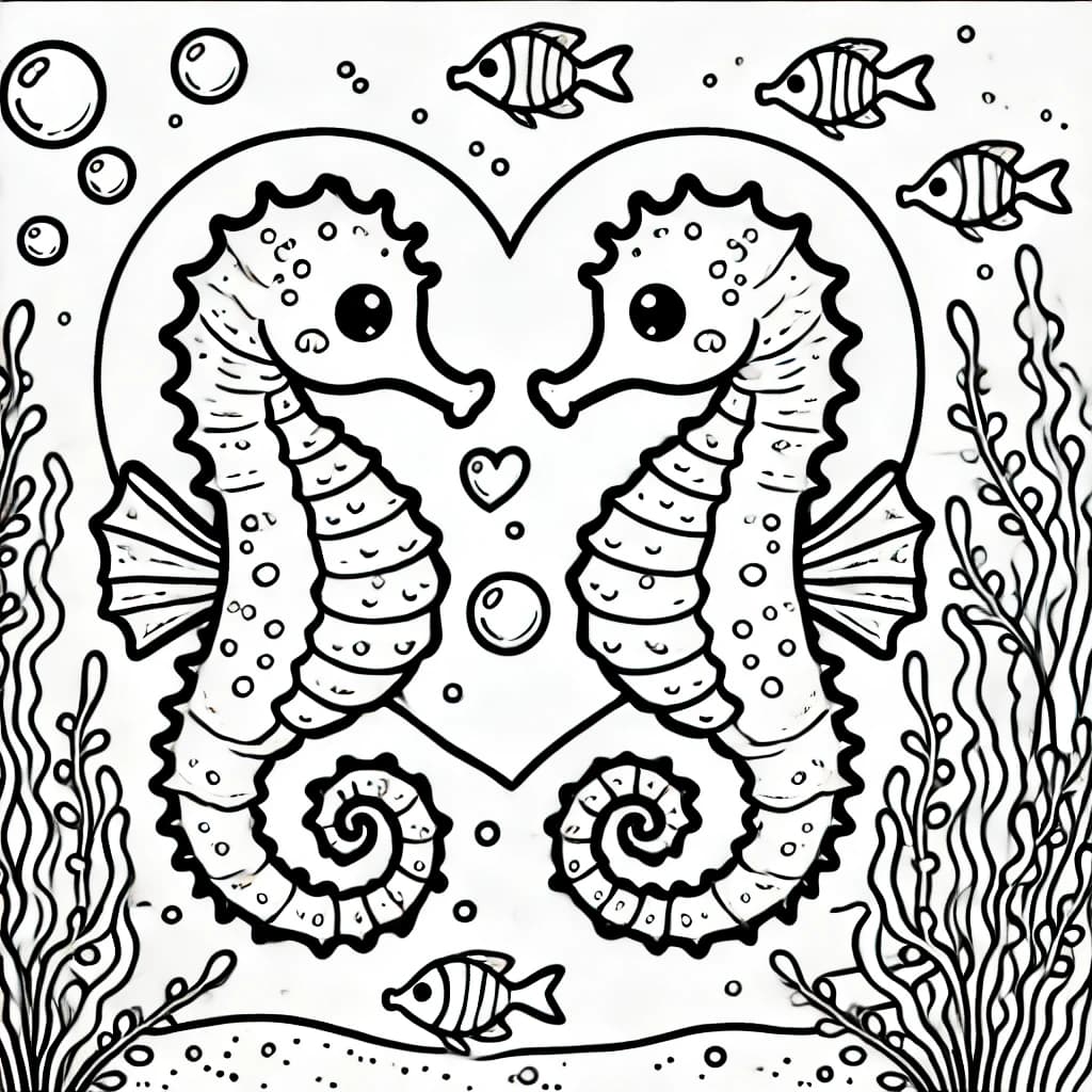 Ausmalbild - Verliebte Seepferdchen - Seepferdchen, Liebe, Meer, Herz