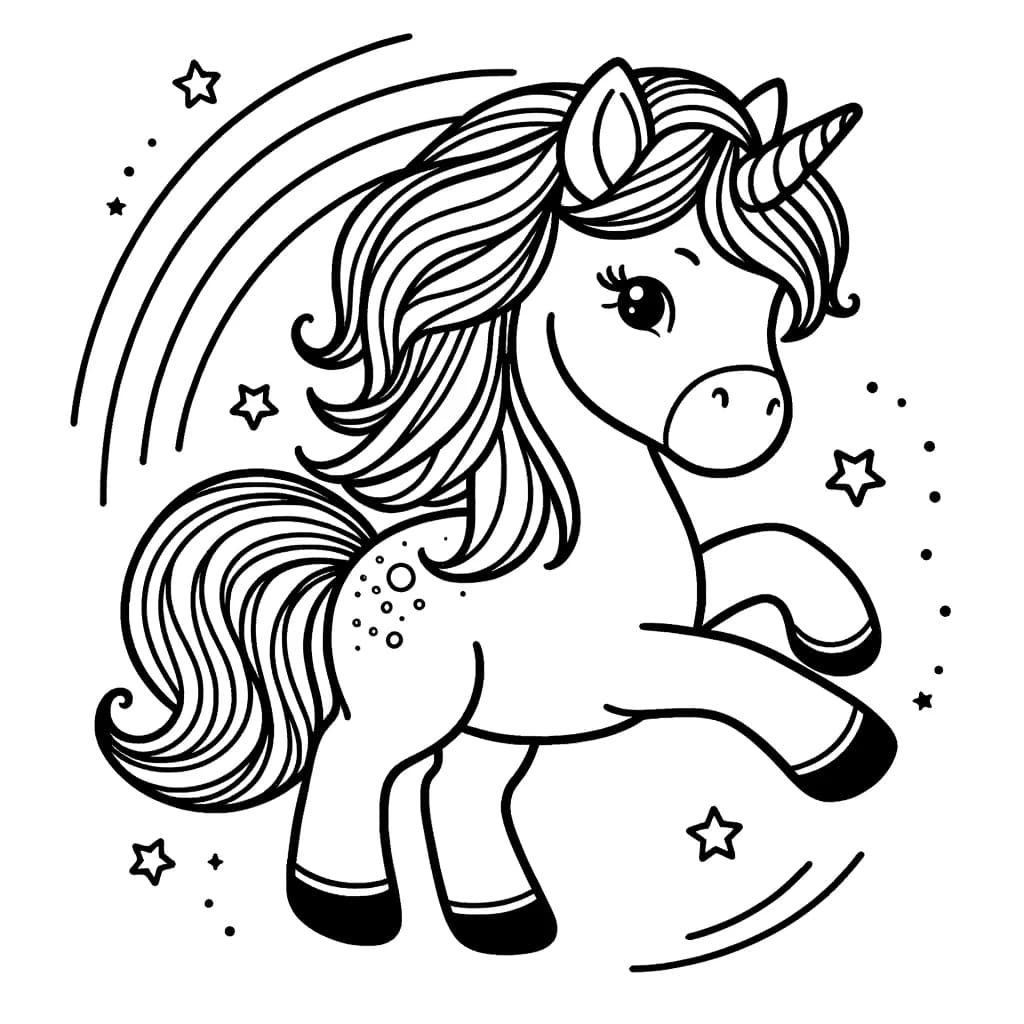 Ausmalbild - Spielendes Einhorn im Zauberland - Einhorn, Sterne, Regenbogen, Zauberland