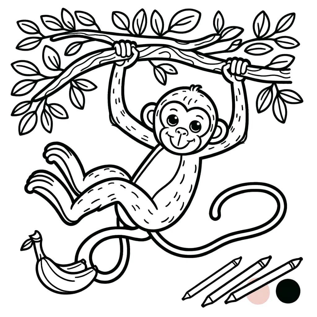 Ausmalbild - Der Spielende Affe - Affe, Baum, Banane, Spiel