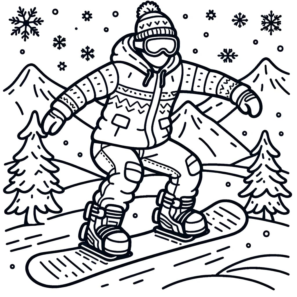 Ausmalbild - Der Snowboarder - Snowboarder, Winter, Berge, Fahren