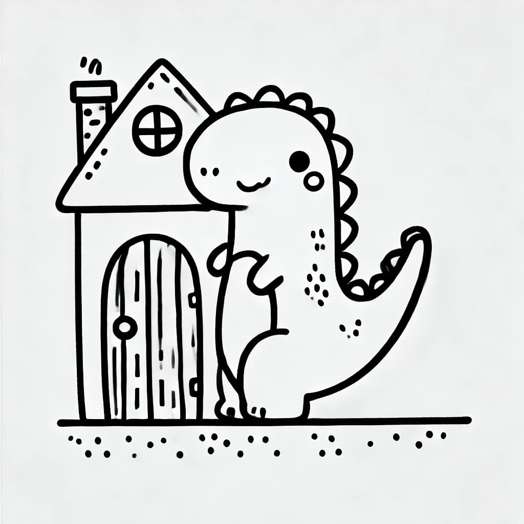 Ausmalbild - Dinohaus - Haus, Dinosaurier, Fenster, Tür