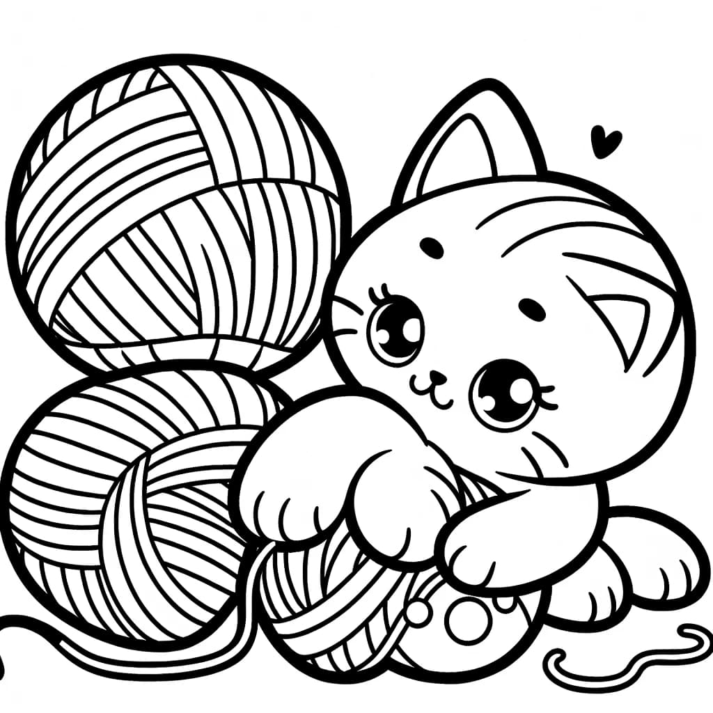 Ausmalbild - Verspieltes Kätzchen mit Wollknäuel - Kätzchen, Wollknäuel, Spielzeug, Katze