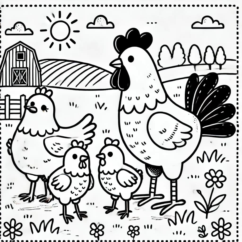 Ausmalbild - Hühnerfamilie auf dem Bauernhof - Huhn, Hahn, Küken, Bauernhof