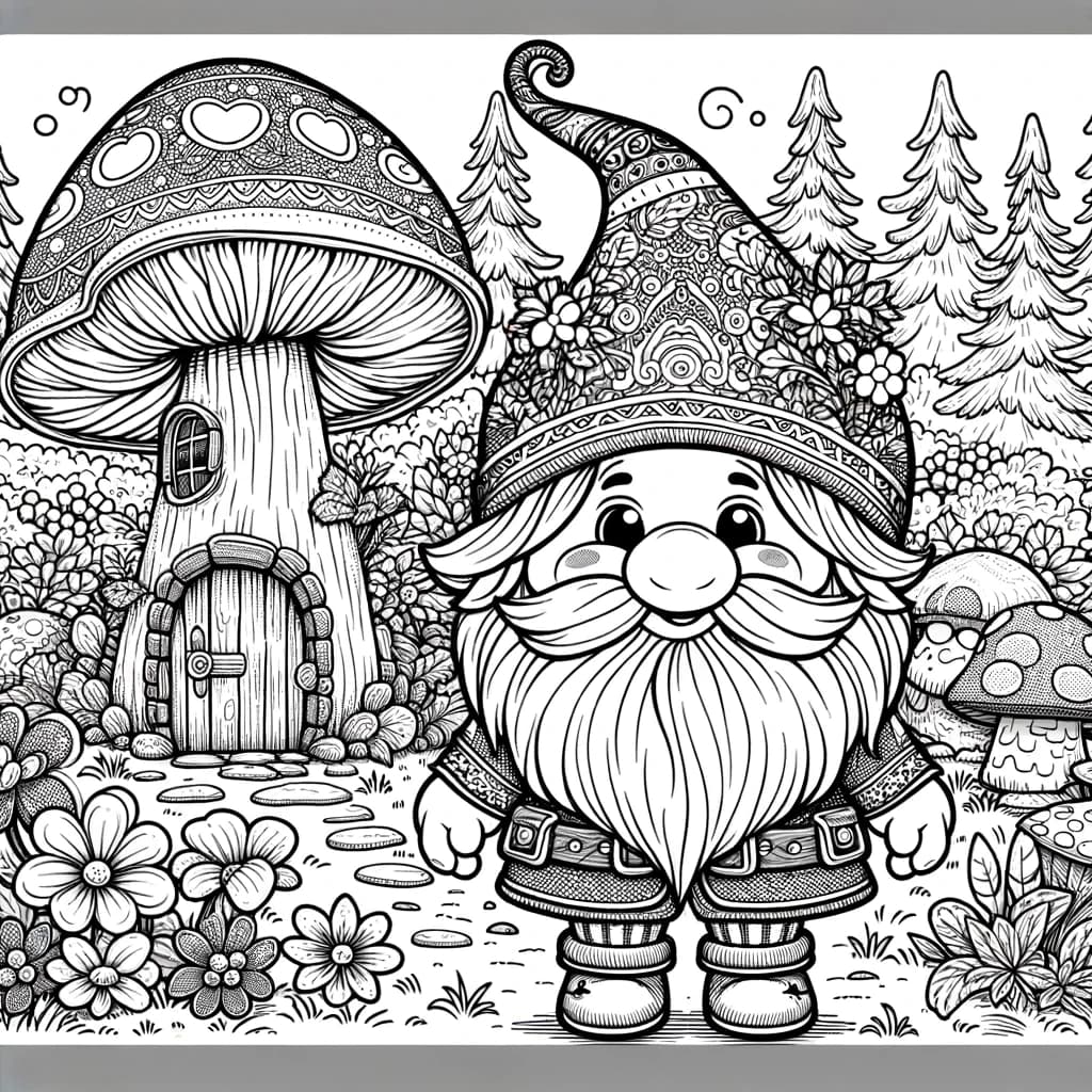 Ausmalbild - Der fröhliche Zwerg im Zauberwald - Zwerg, Pilzhaus, Bäume, Blumen