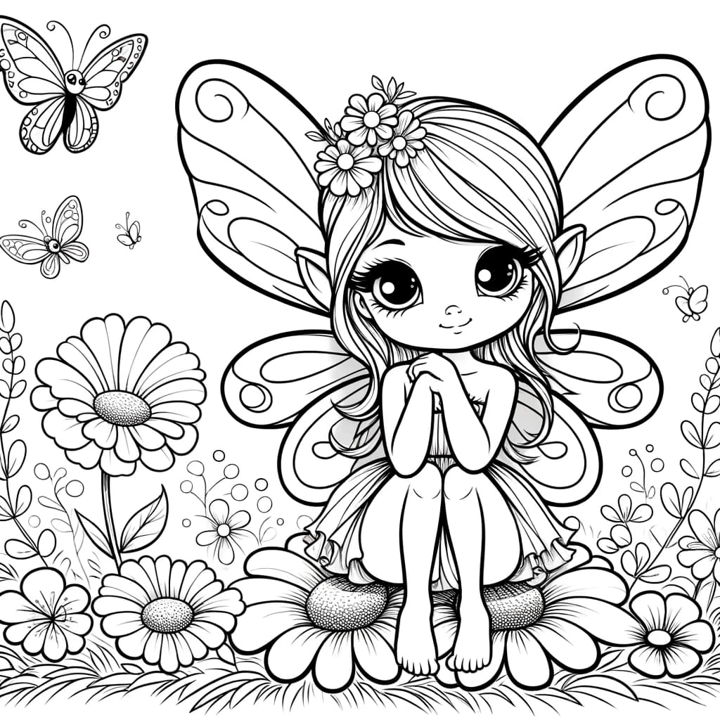 Ausmalbild - Die zauberhafte Fee im Blumengarten - Fee, Blumen, Schmetterlinge, Natur
