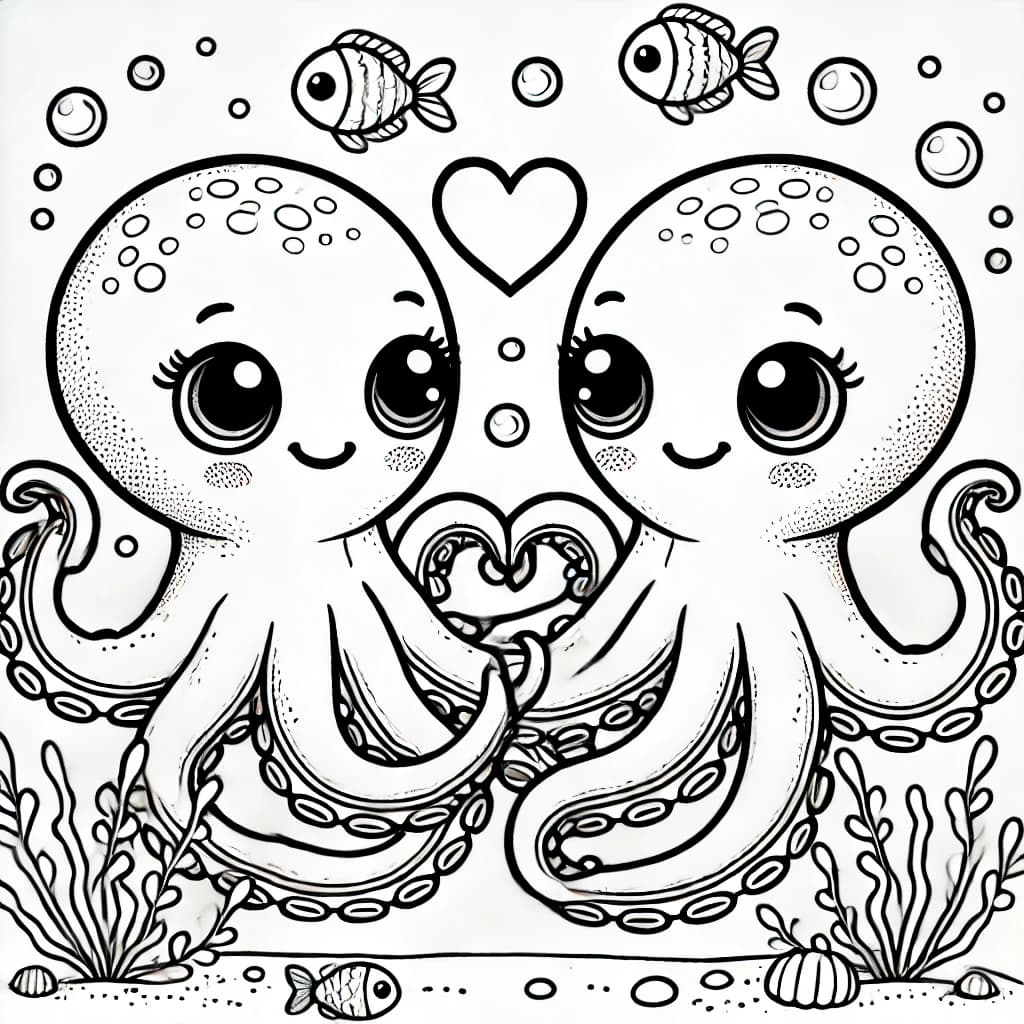 Ausmalbild - Verliebte Oktopusse - Oktopus, Liebe, Meer, Unterwasser