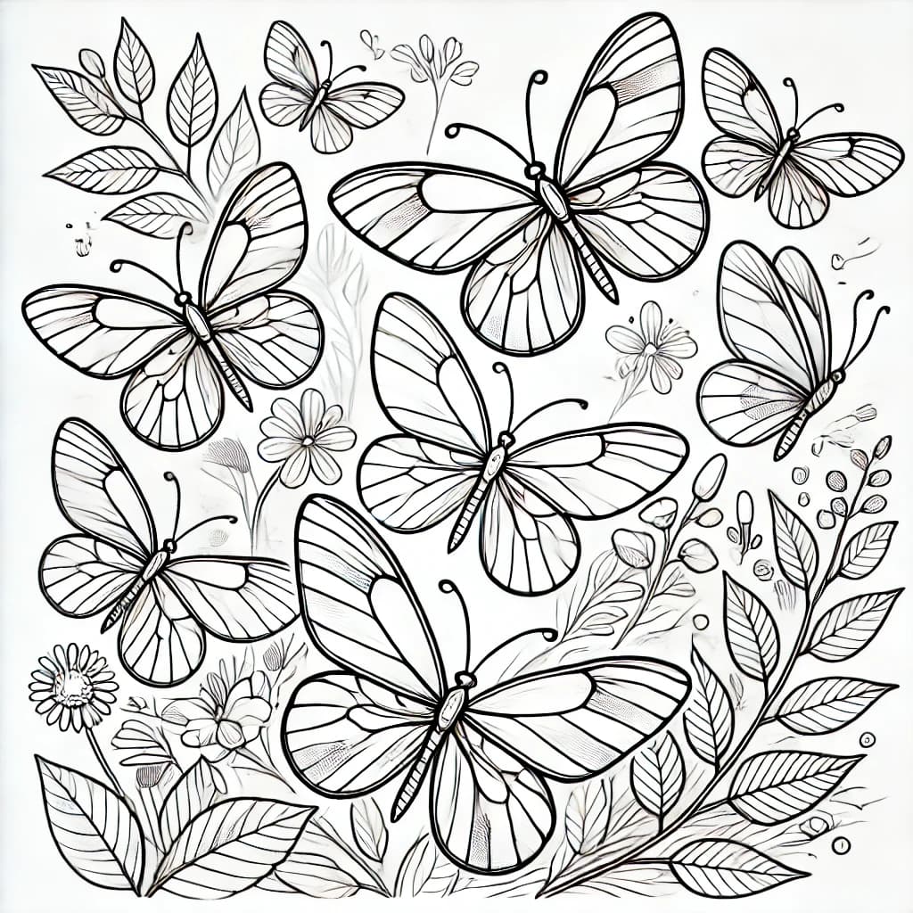 Ausmalbild - Glasflügelschmetterlinge über Blumen - Schmetterling, Insekten, Natur, Flügel