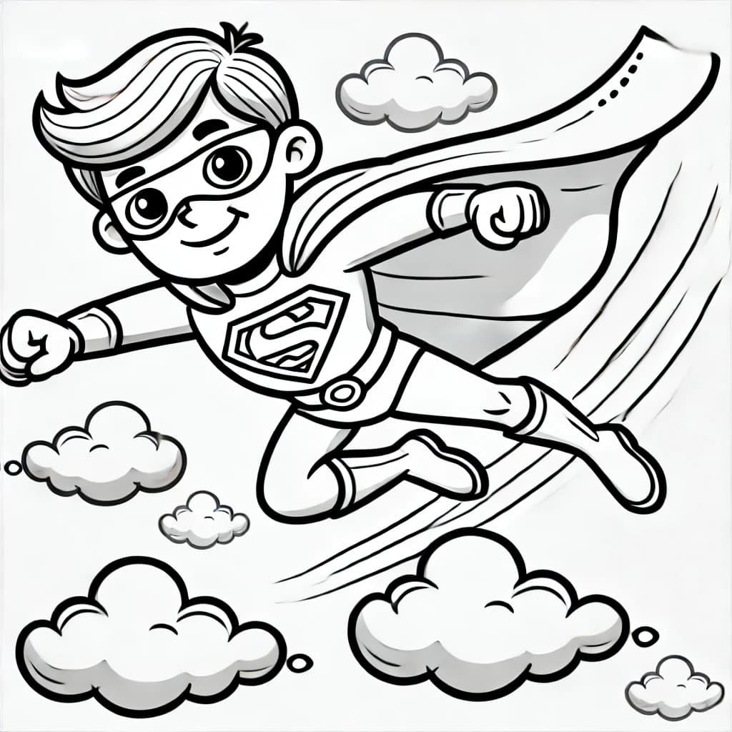 Ausmalbild - Fliegender Superheld - Superheld, Himmel, Fliegen, Cape