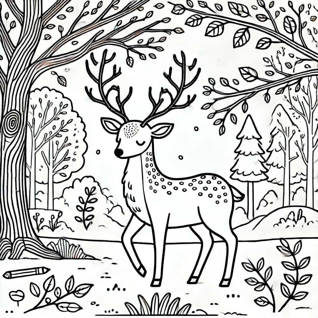 Ausmalbild - Magisches Reh im Wald - Reh, Wald, Magie, Äste