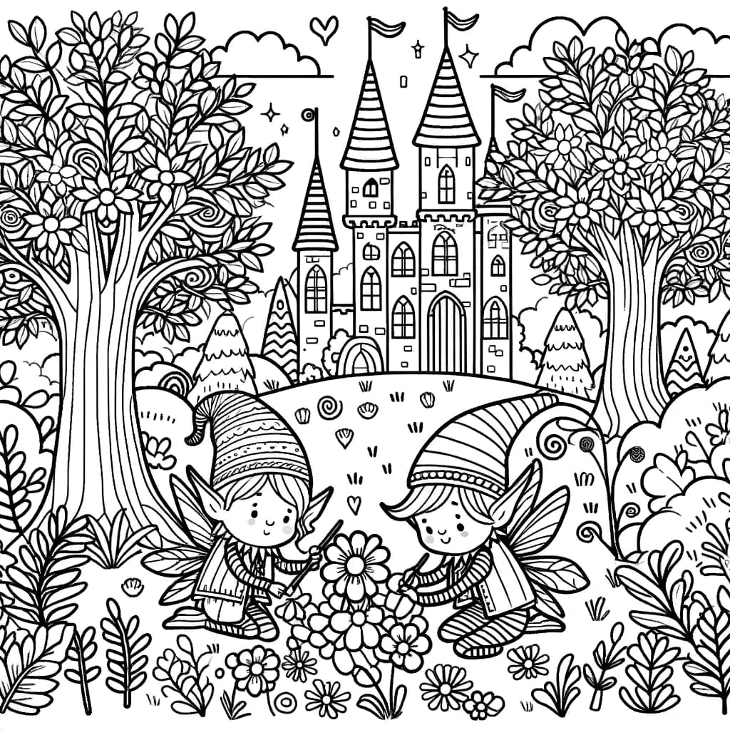 Ausmalbild - Elfen im Zauberwald - Elfen, Zauberwald, Bäume, Blumen
