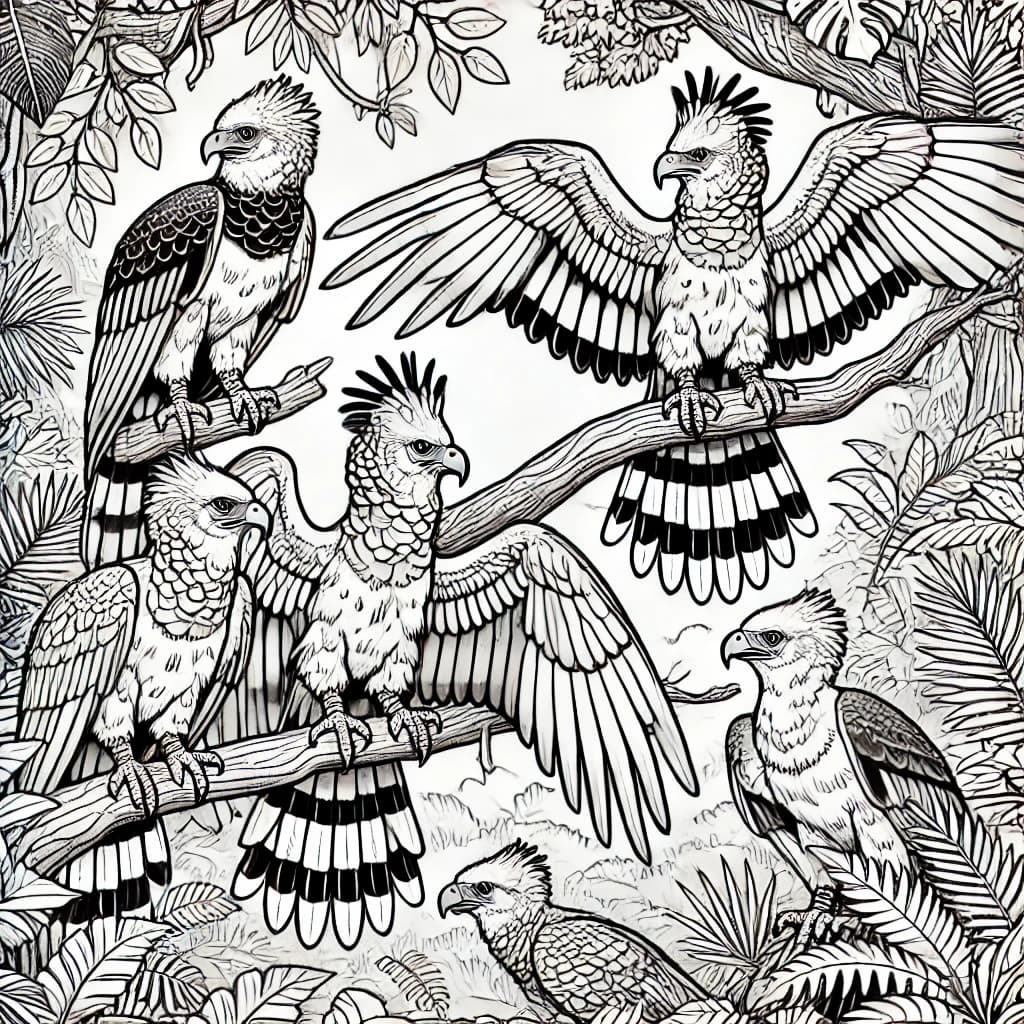 Ausmalbild - Harpyien im Regenwald - Harpyien, Adler, Dschungel, Bäume