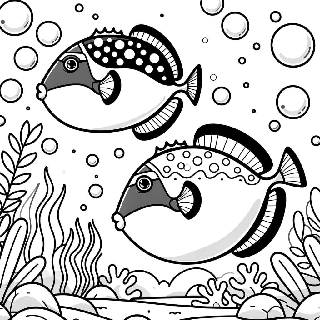 Ausmalbild - Zwei Drückerfische im Ozean - Fische, Meer, Drückerfisch, Ozean