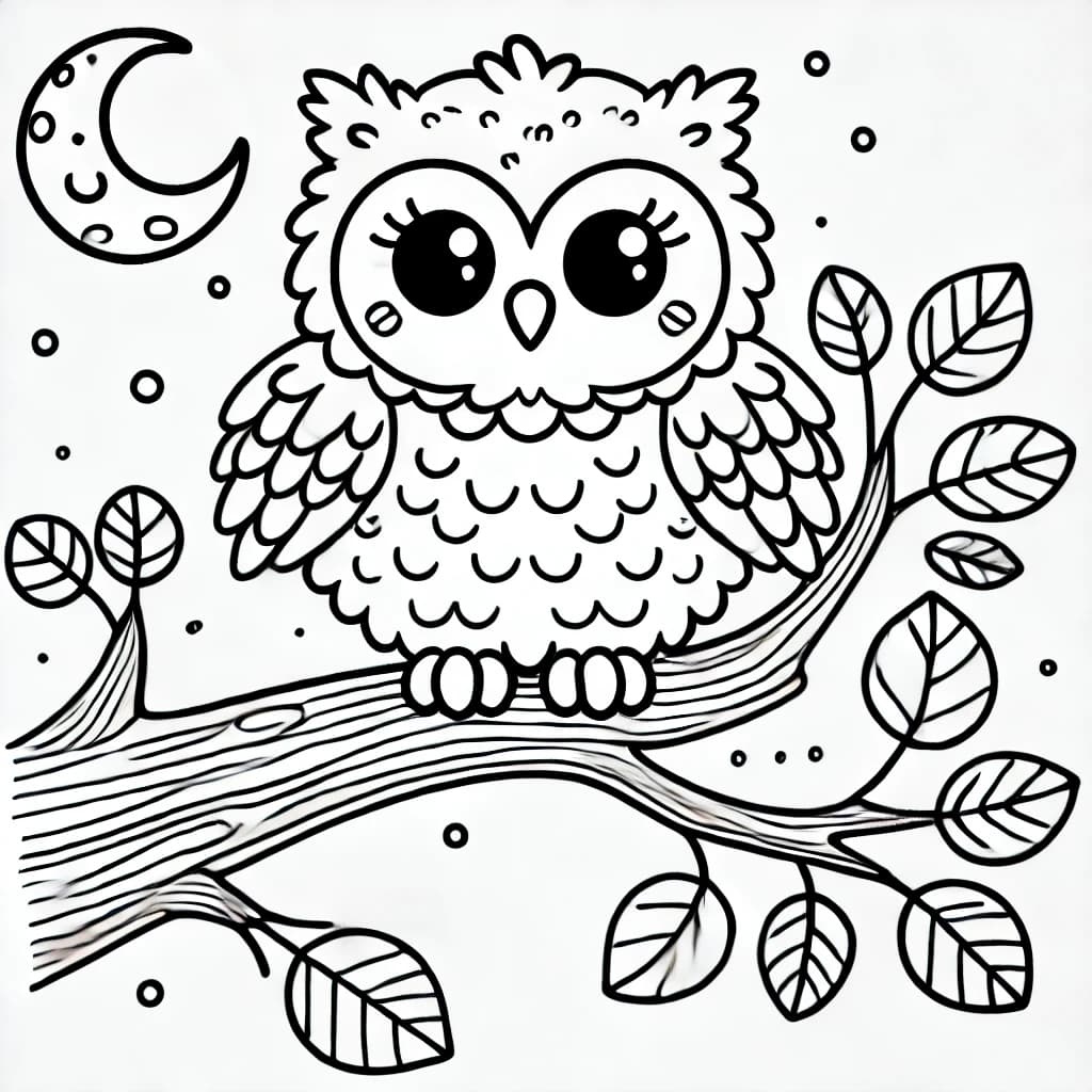 Ausmalbild - Nachteule auf einem Ast - Eule, Baum, Mond, Nacht