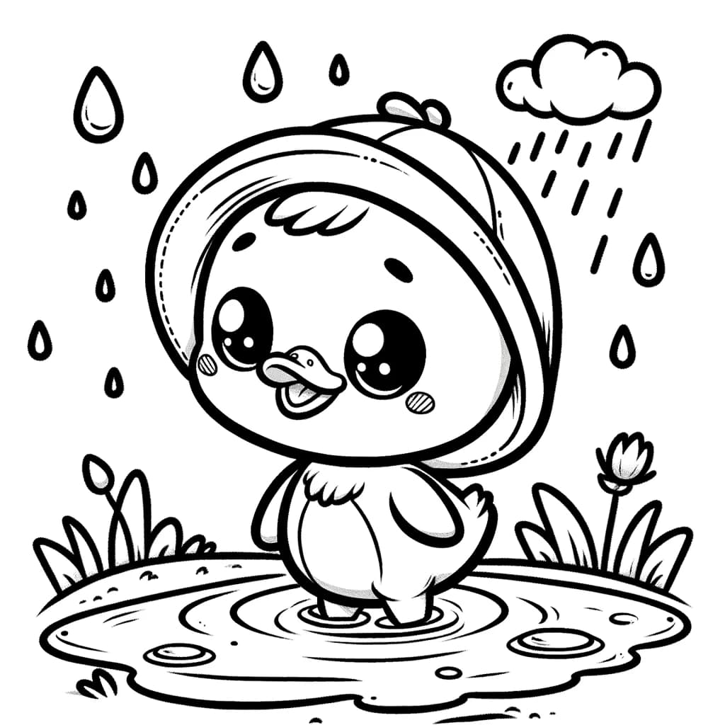 Ausmalbild - Fröhliche Ente im Regen - Ente, Pfütze, Regen, Hut
