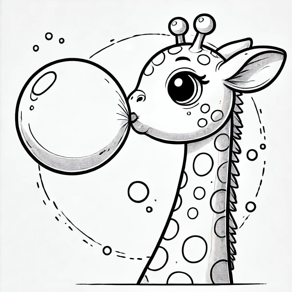 Ausmalbild - Giraffe mit Kaugummi-Ballon - Giraffe, Kaugummi, Ballon, lustig