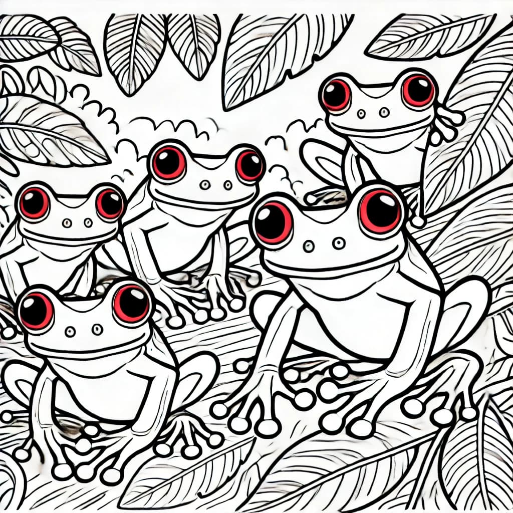 Ausmalbild - Rotaugenlaubfrösche im Dschungel - Frosch, Amphibien, Dschungel, Blätter
