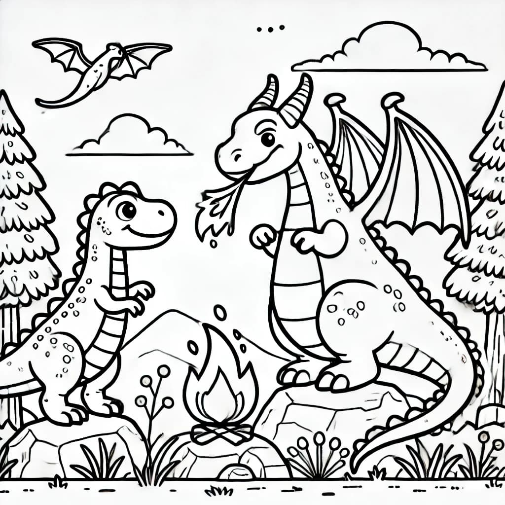Ausmalbild - Dino gegen Drache – Das große Duell - Dinosaurier, Drache, Kampf, Malbild