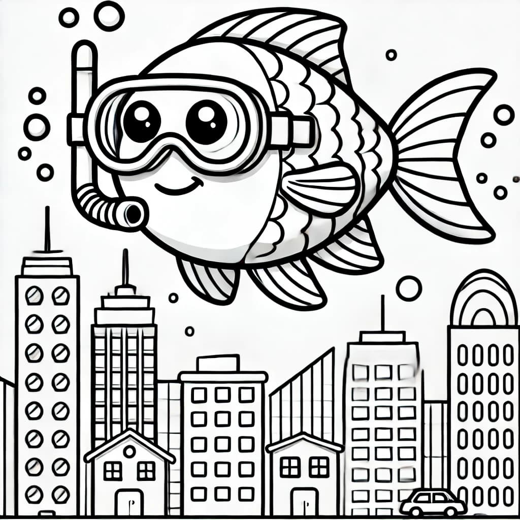 Ausmalbild - Superfisch in der Stadt - Fisch, Superheld, Maske, Schnorchel