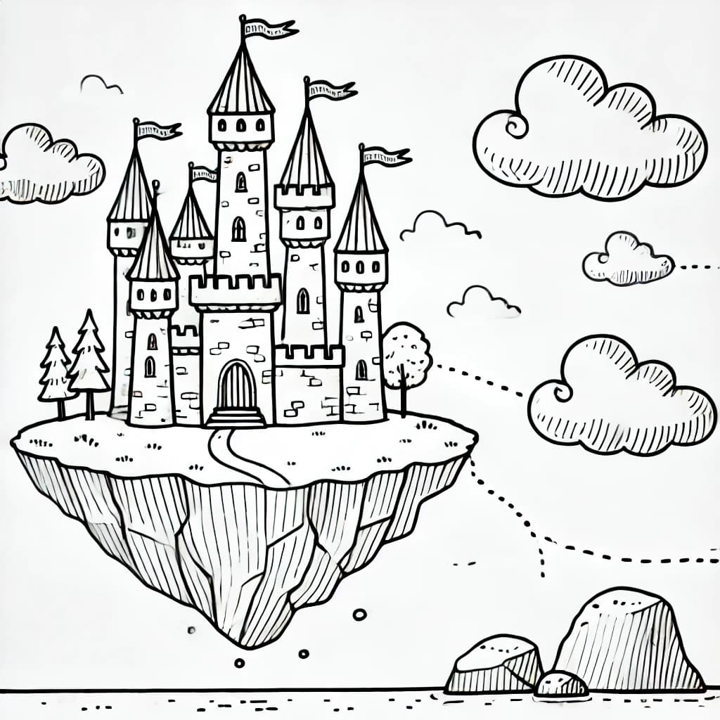 Ausmalbild - Fliegendes Schloss auf einer schwebenden Insel - Schloss, Insel, Wolken, Türme