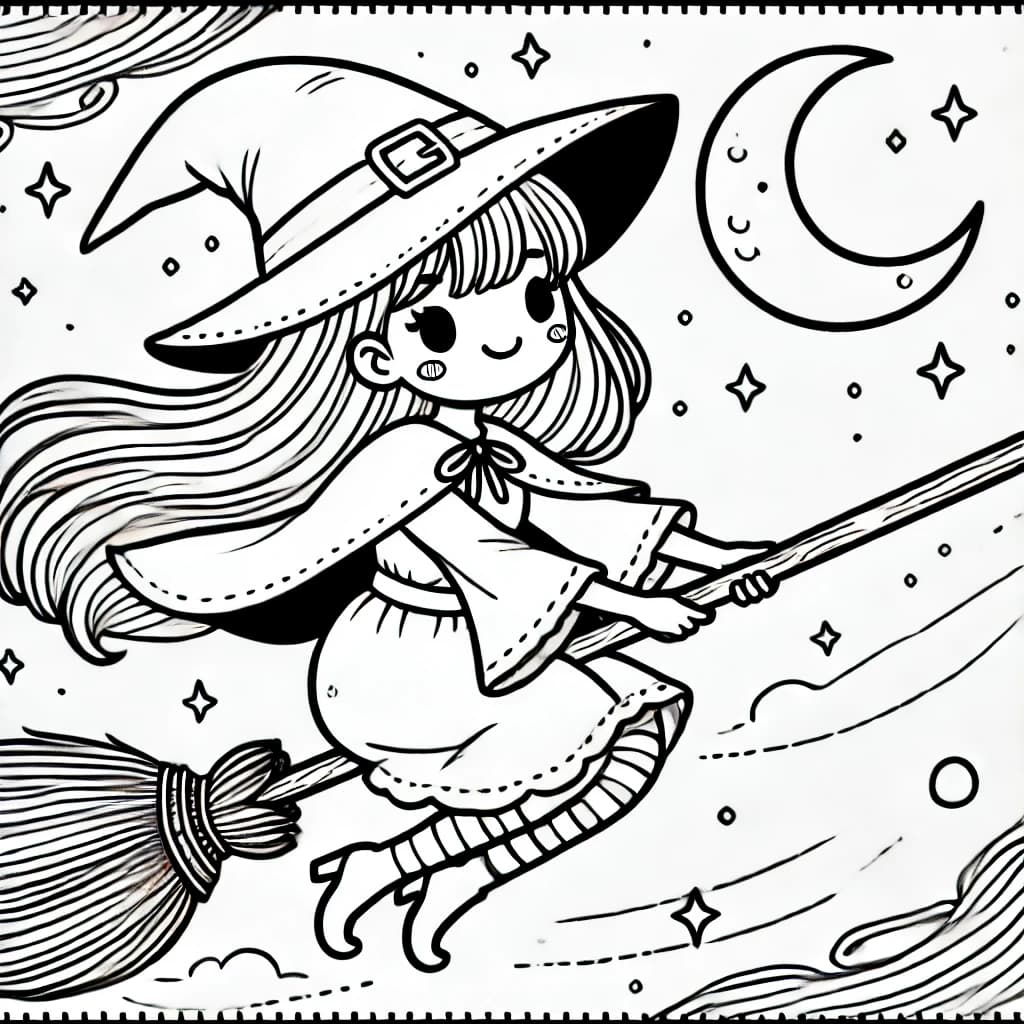 Ausmalbild - Kleine Hexe auf ihrem Besen - Hexe, Besen, Zauberei, Mond