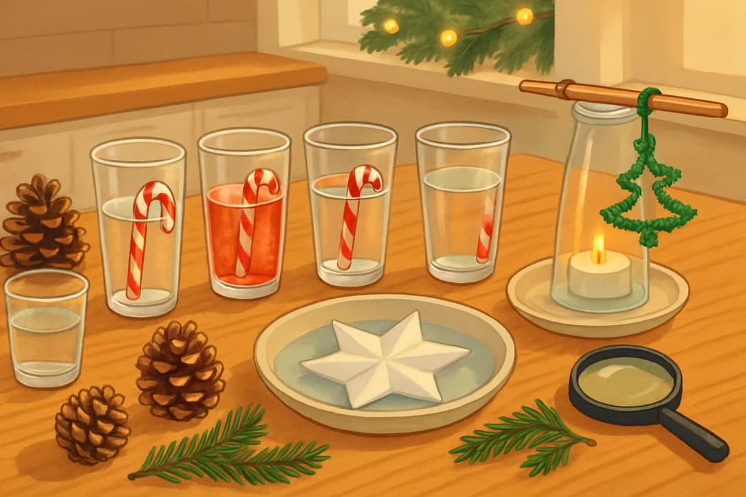 Versuchstisch mit Zuckerstangen in vier Gläsern, Papierstern auf Wasser, Tannenzapfen und Kristallbaum