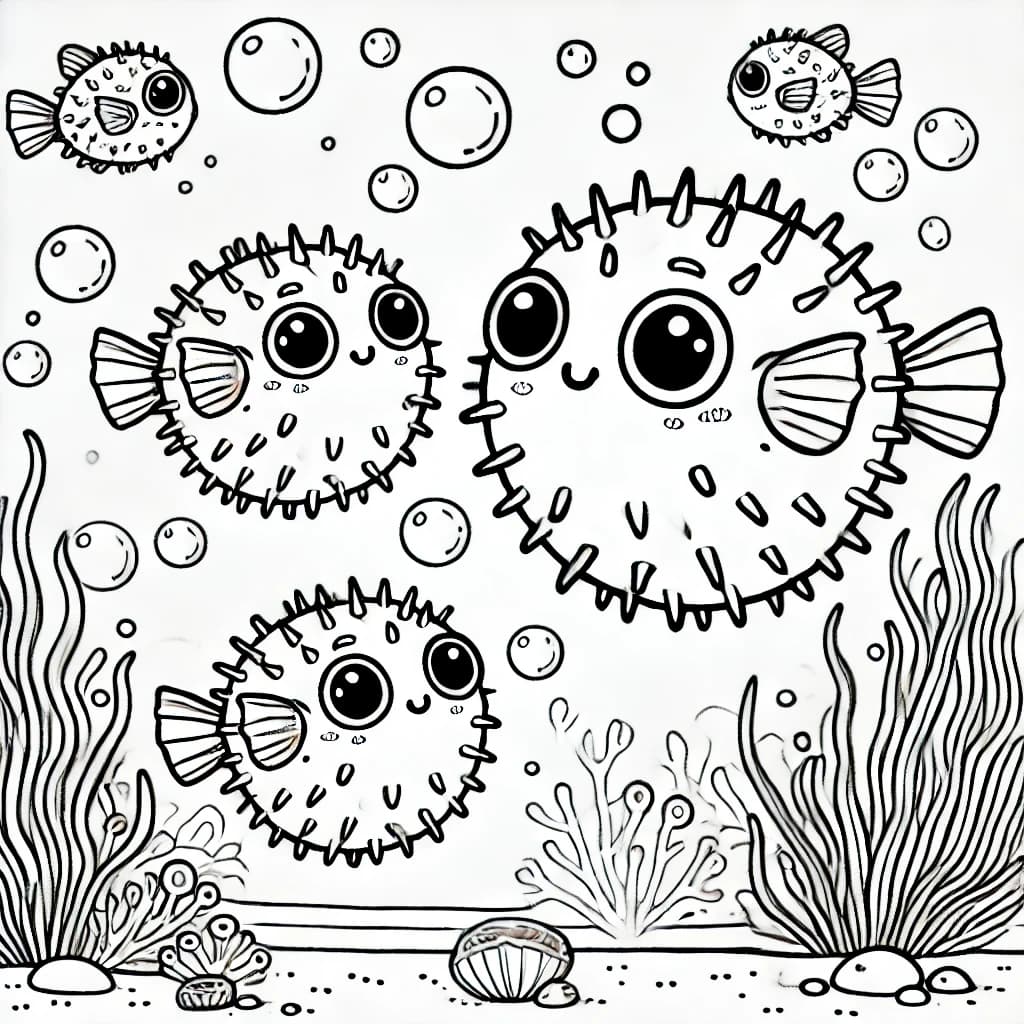 Ausmalbild - Familie Kugelfisch unter Wasser - Kugelfisch, Unterwasserwelt, Meerestiere, Blasen