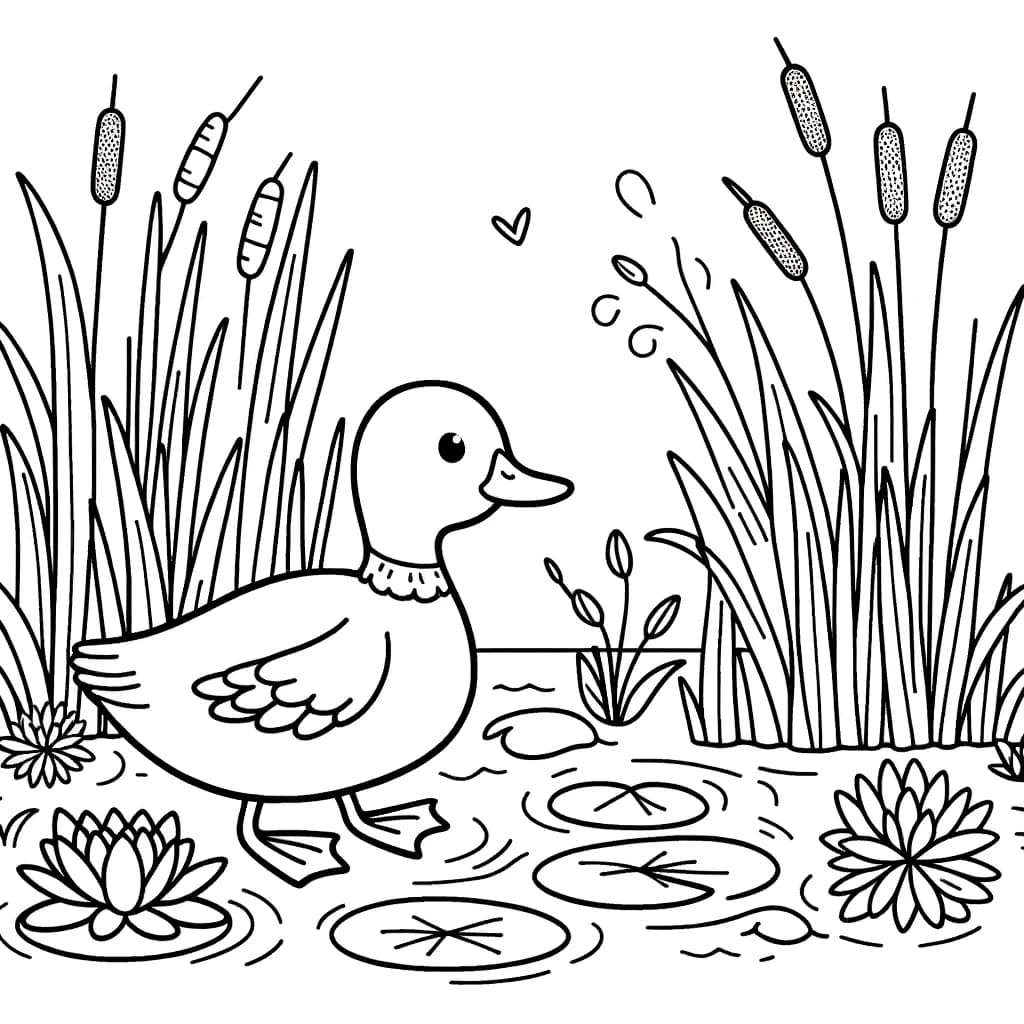 Ausmalbild - Ente im Teich - Ente, Teich, Schilf, Seerosen