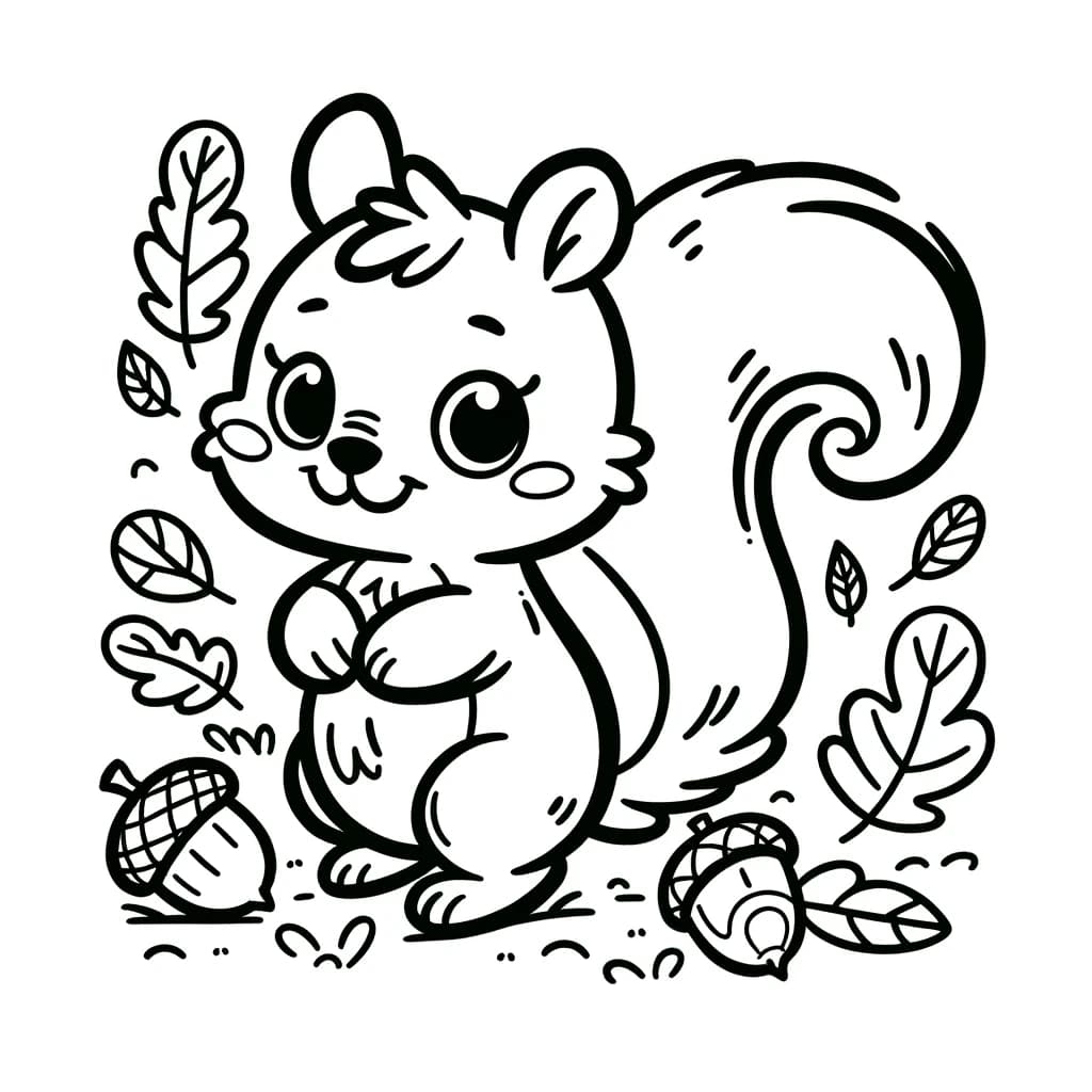 Ausmalbild - Freundliches Eichhörnchen - Eichhörnchen, Eicheln, Blätter, Tier