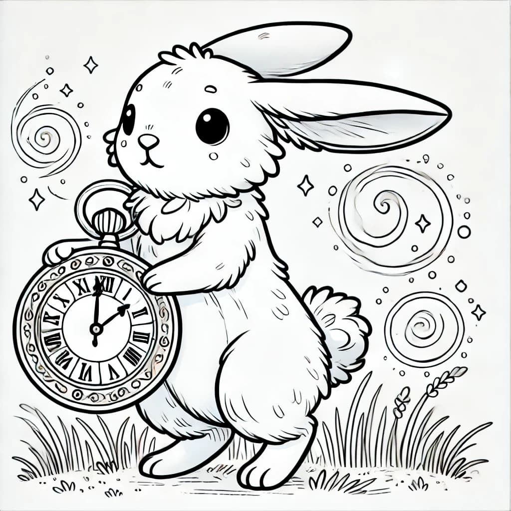 Ausmalbild - Der Hase mit der Zauberuhr - Hase, Uhr, Magie, Zauber