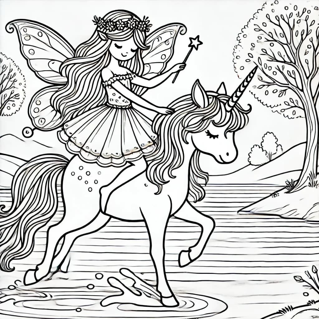 Ausmalbild - Fee auf einem Einhorn am See - Fee, Einhorn, See, Magie