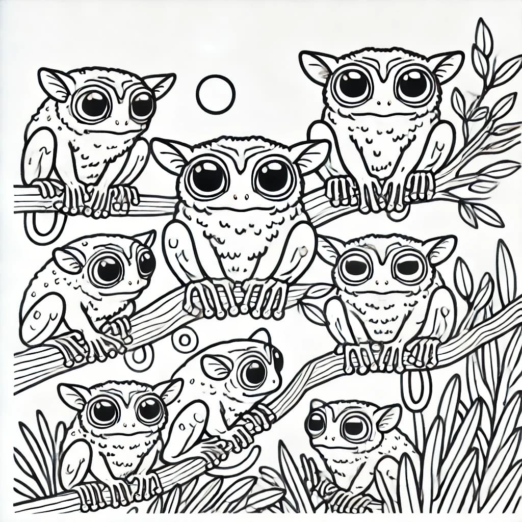 Ausmalbild - Koboldmaki-Frösche auf Ästen - Frosch, Koboldmaki, Äste, Reptilien