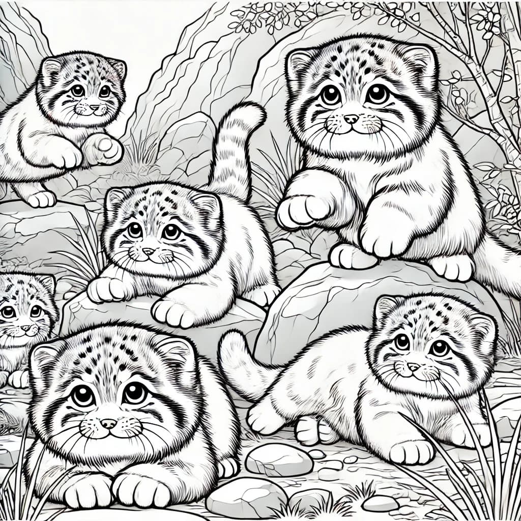 Ausmalbild - Verspielte Manuls in den Bergen - Manul, Pallas-Katze, Kätzchen, Berge