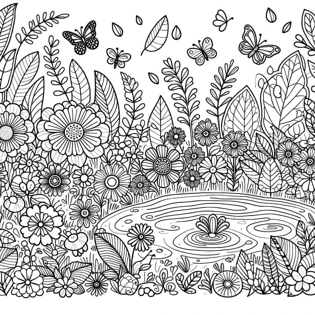 Ausmalbild - Zauberhafter Garten - Garten, Blumen, Schmetterlinge, Teich