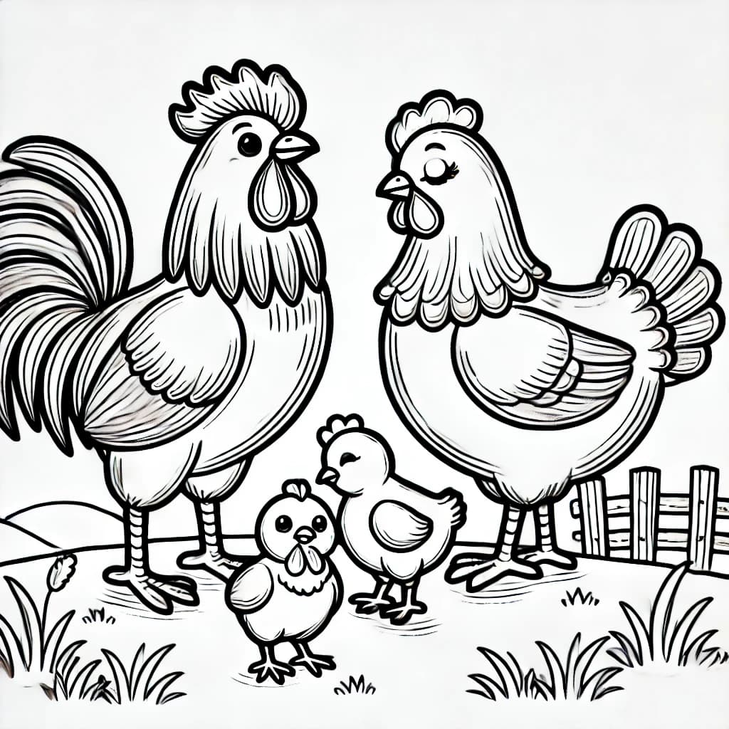 Ausmalbild - Familie Hahn auf dem Bauernhof - Hahn, Henne, Küken, Bauernhof