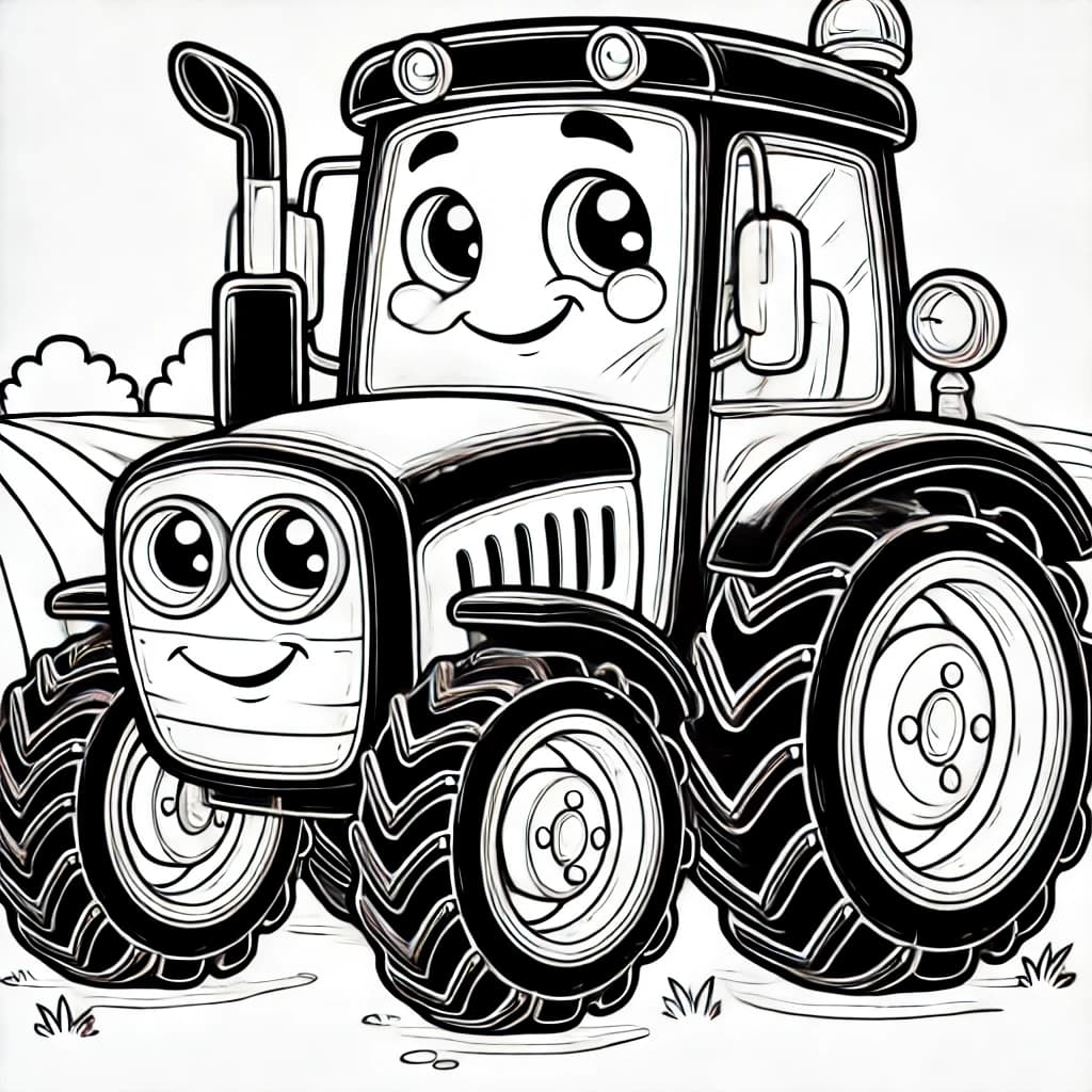 Ausmalbild - Fröhlicher Traktor auf dem Feld - Traktor, Bauernhof, Fahrzeug, Feld