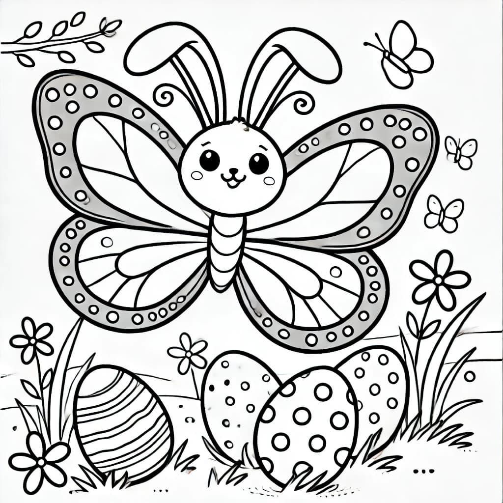 Ausmalbild - Der Schmetterling mit Hasenohren auf Eiersuche - Schmetterling, Hasenohren, Ostereier, Eiersuche