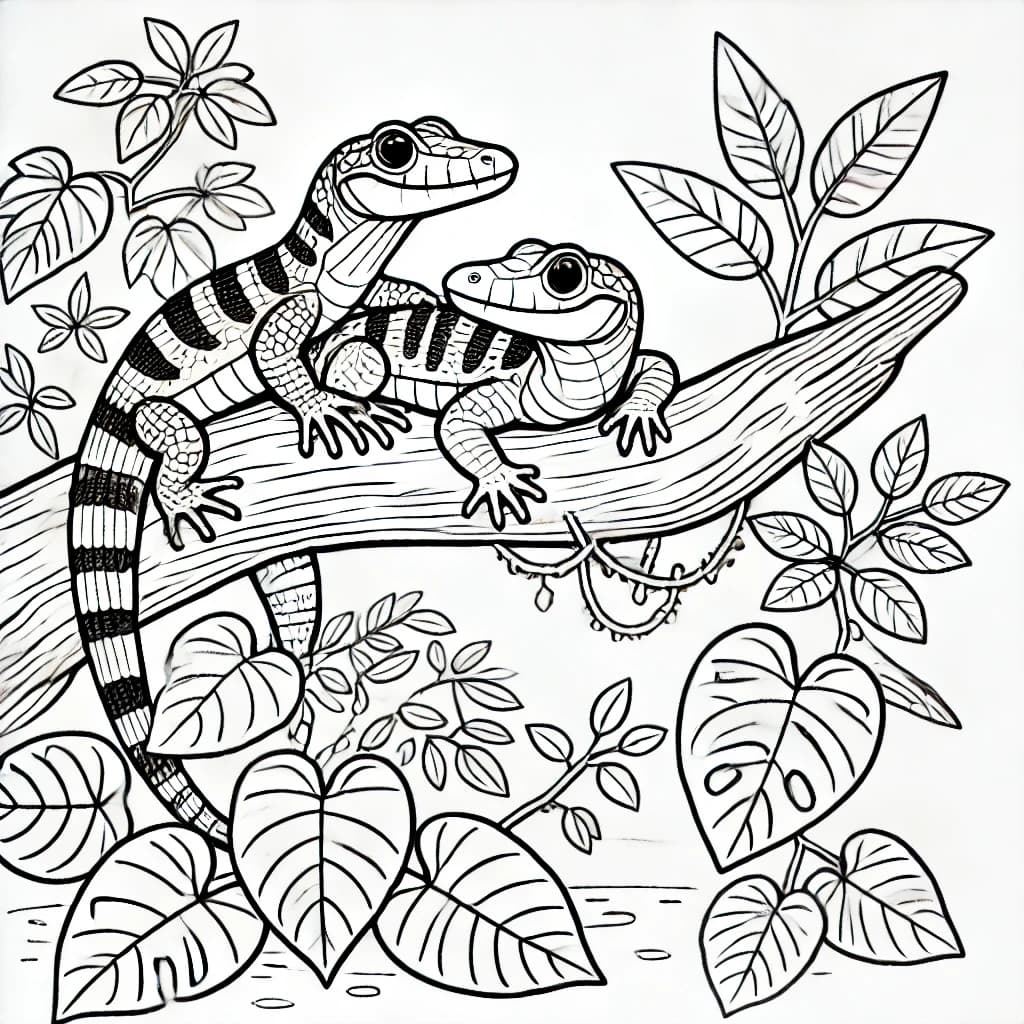 Ausmalbild - Zwei Krokodil-Tejus im Dschungel - Krokodil-Teju, Echsen, Dschungel, Reptilien