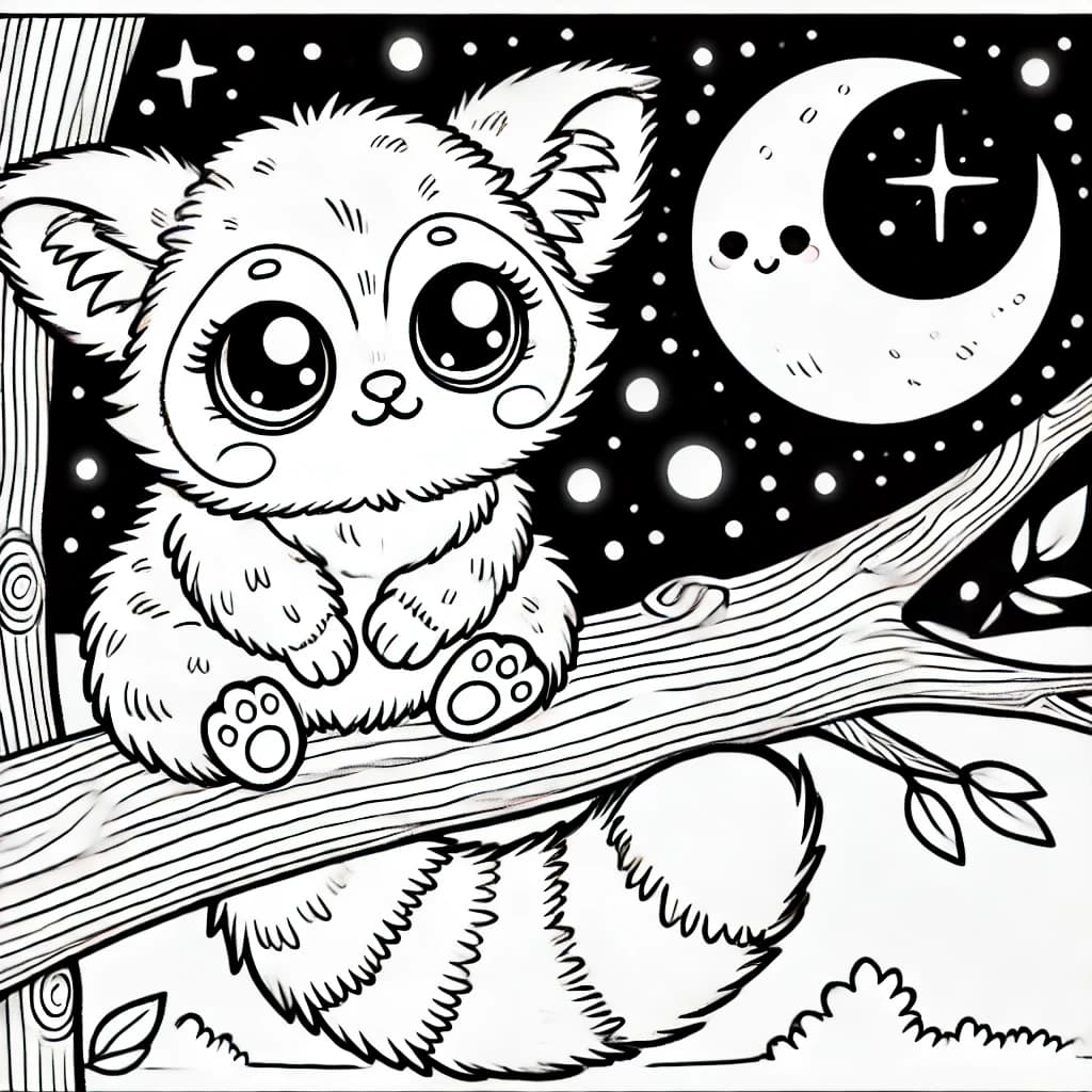 Ausmalbild - Kuskus auf dem Baum - Kuskus, Baum, Nacht, Mond
