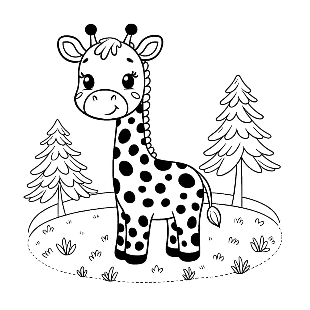 Ausmalbild - Giraffe im Garten - Giraffe, Bäume, Gras