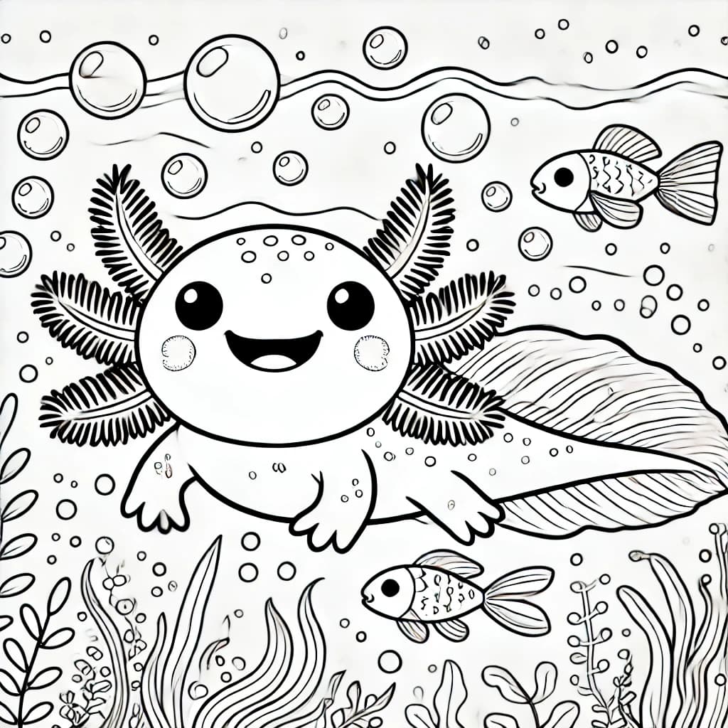 Ausmalbild - Fröhlicher Axolotl unter Wasser - Unterwasser, Fische, Blasen, Wasserpflanzen
