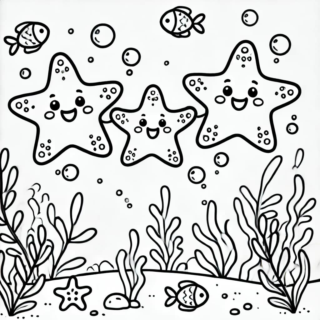 Ausmalbild - Familie Seestern unter Wasser - Seestern, Meer, Unterwasserwelt, Fische