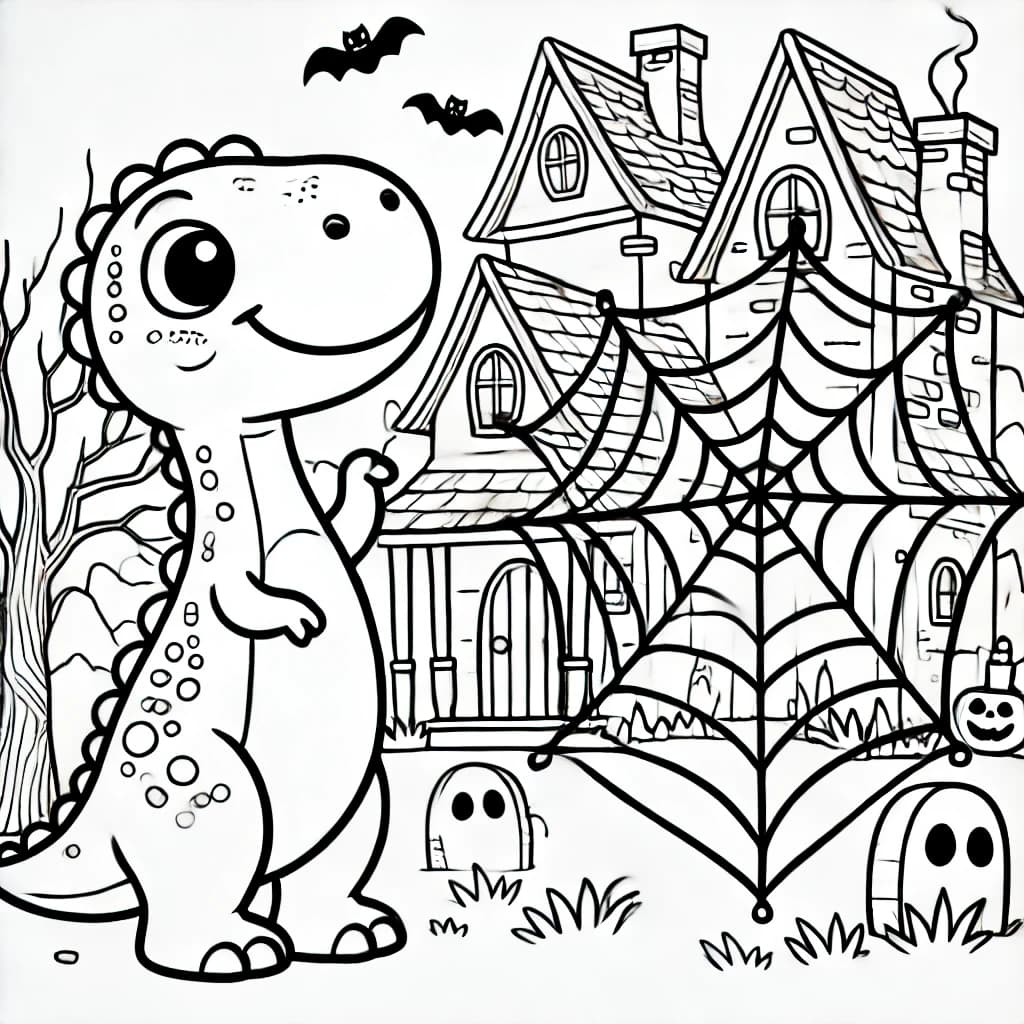 Ausmalbild - Dino und das Spinnennetz an Halloween - Dinosaurier, Spinnennetz, Halloween, Häuser