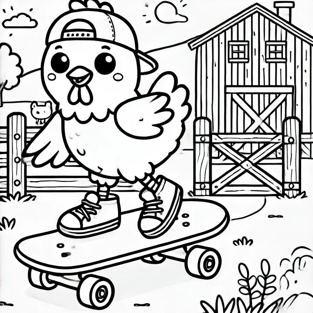 Ausmalbild - Huhn auf Skateboard im Bauernhof - Huhn, Skateboard, Bauernhof, Scheune