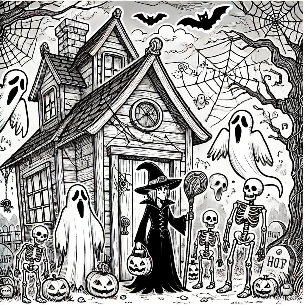 Ausmalbild - Spukhaus mit Hexe und Geistern - Spukhaus, Geister, Skelette, Hexe