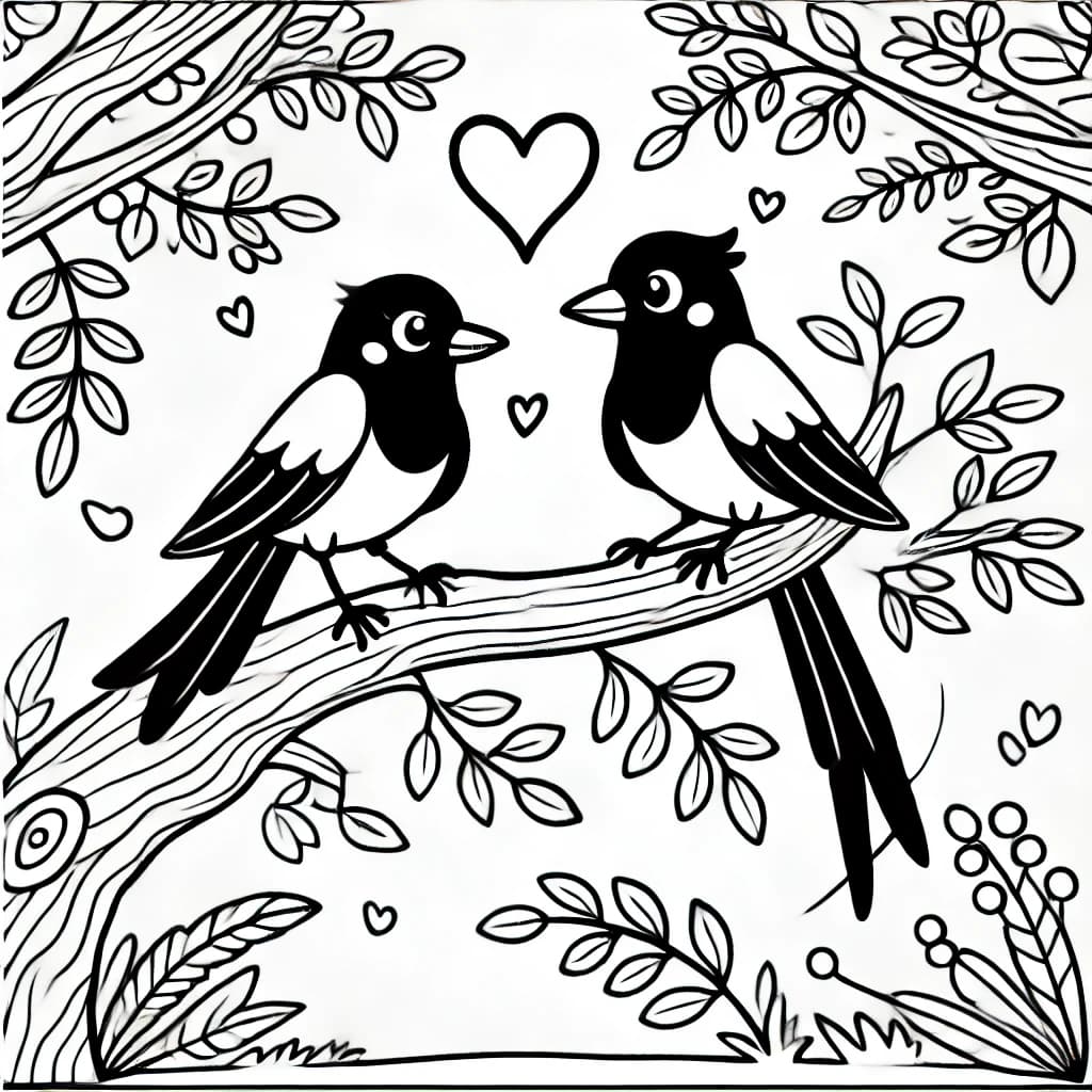 Ausmalbild - Verliebte Elstern auf einem Ast - Elster, Vögel, Liebe, Herz
