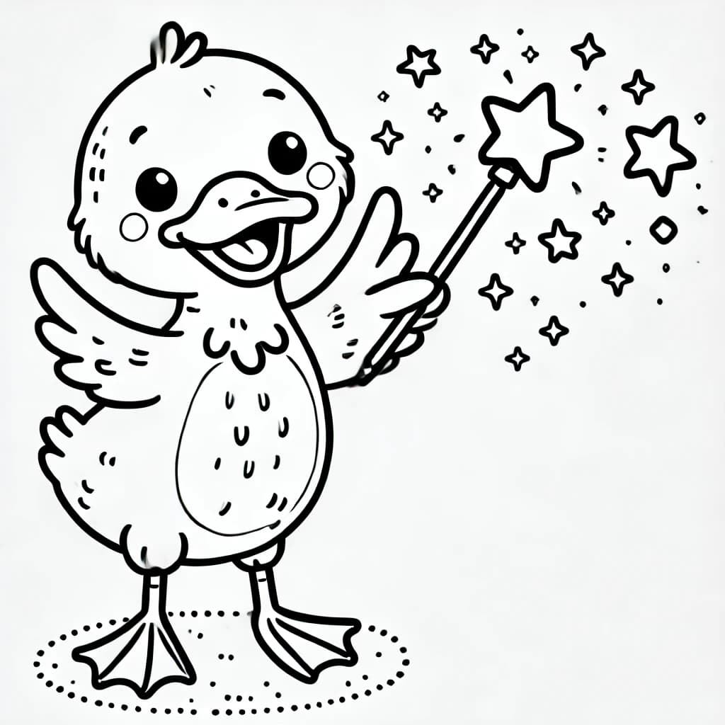 Ausmalbild - Magische Entenverzauberung - Ente, Zauberstab, Magie, Funken