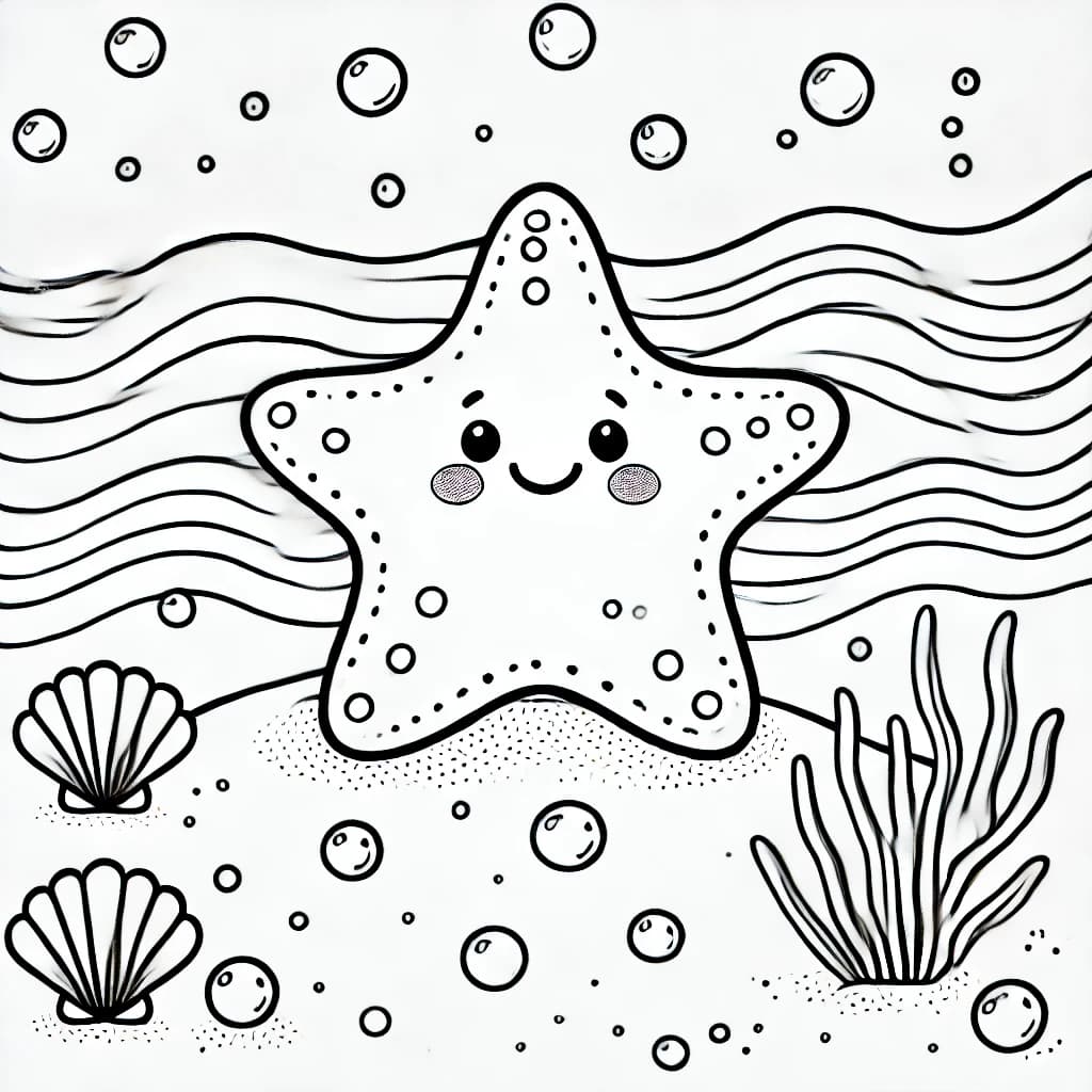 Ausmalbild - Fröhlicher Seestern im Meer - Seestern, Meer, Muscheln, Blasen
